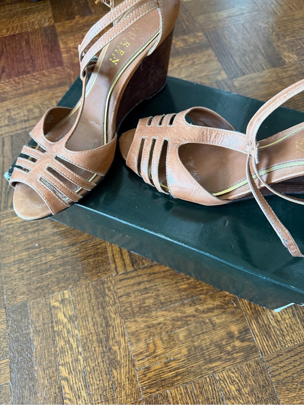 Lauren Ralph Lauren Brown Tan Leather Cutout Wedge Sandals